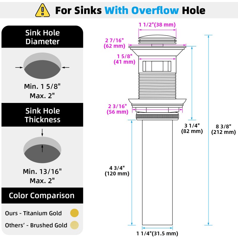 Angle Simple Sink Drain Stopper, Brass Bathroom Sink Stopper Replacement, Pop Up Drain with Overflow Hole, Brushed Dark Gold - Image 2